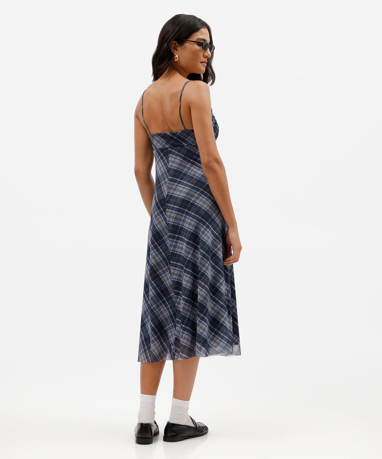 vestido midi alça fina feminino de tule franzido xadrez azul