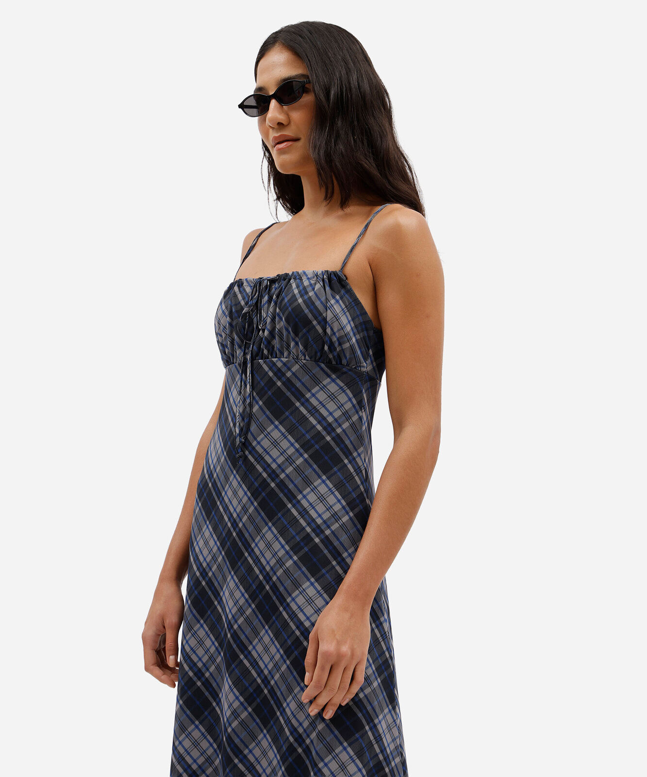 vestido midi alça fina feminino de tule franzido xadrez azul