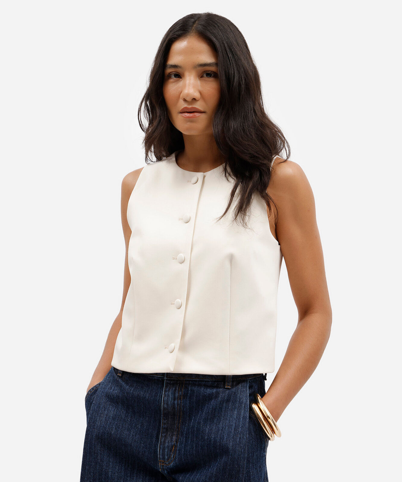 colete de alfaiataria feminino decote redondo off white