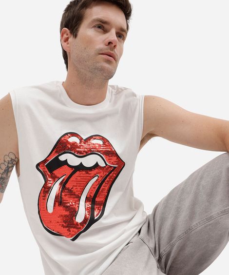 regata masculina de algodão the rolling stones com paetê off white