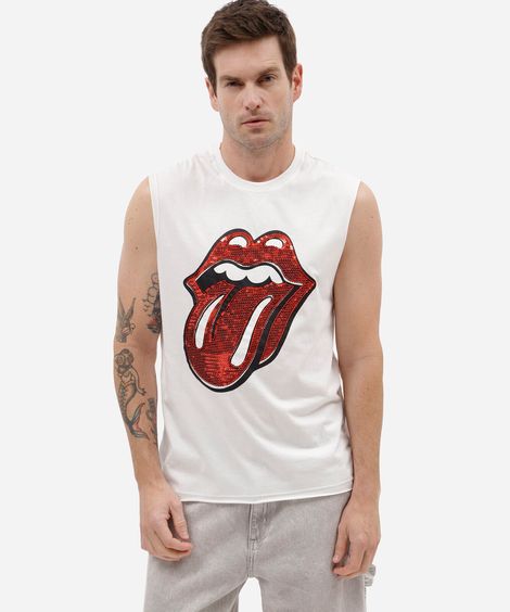 regata masculina de algodão the rolling stones com paetê off white
