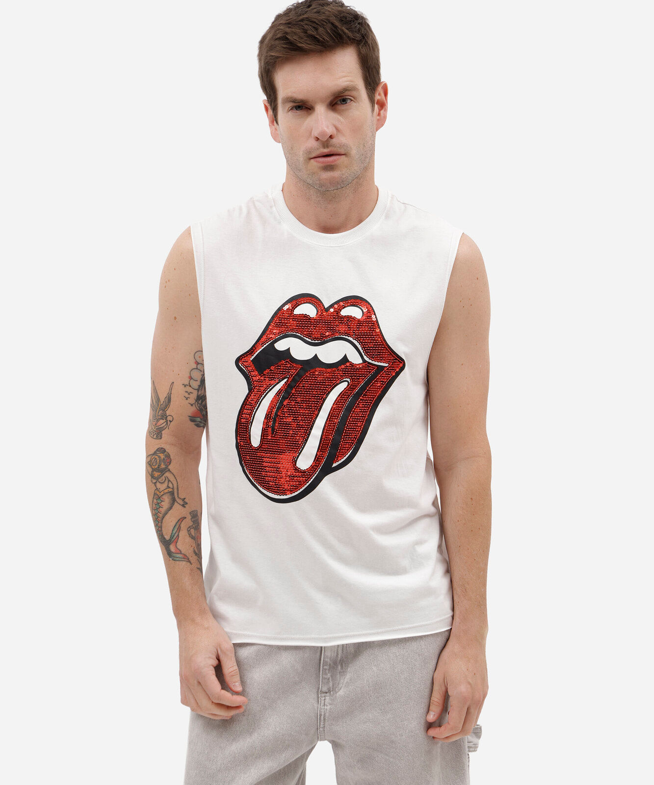 regata masculina de algodão the rolling stones com paetê off white