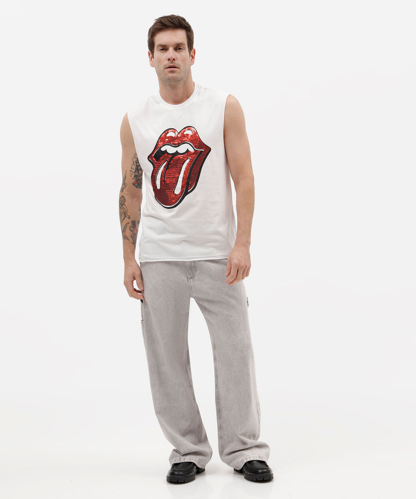 regata masculina de algodão the rolling stones com paetê off white