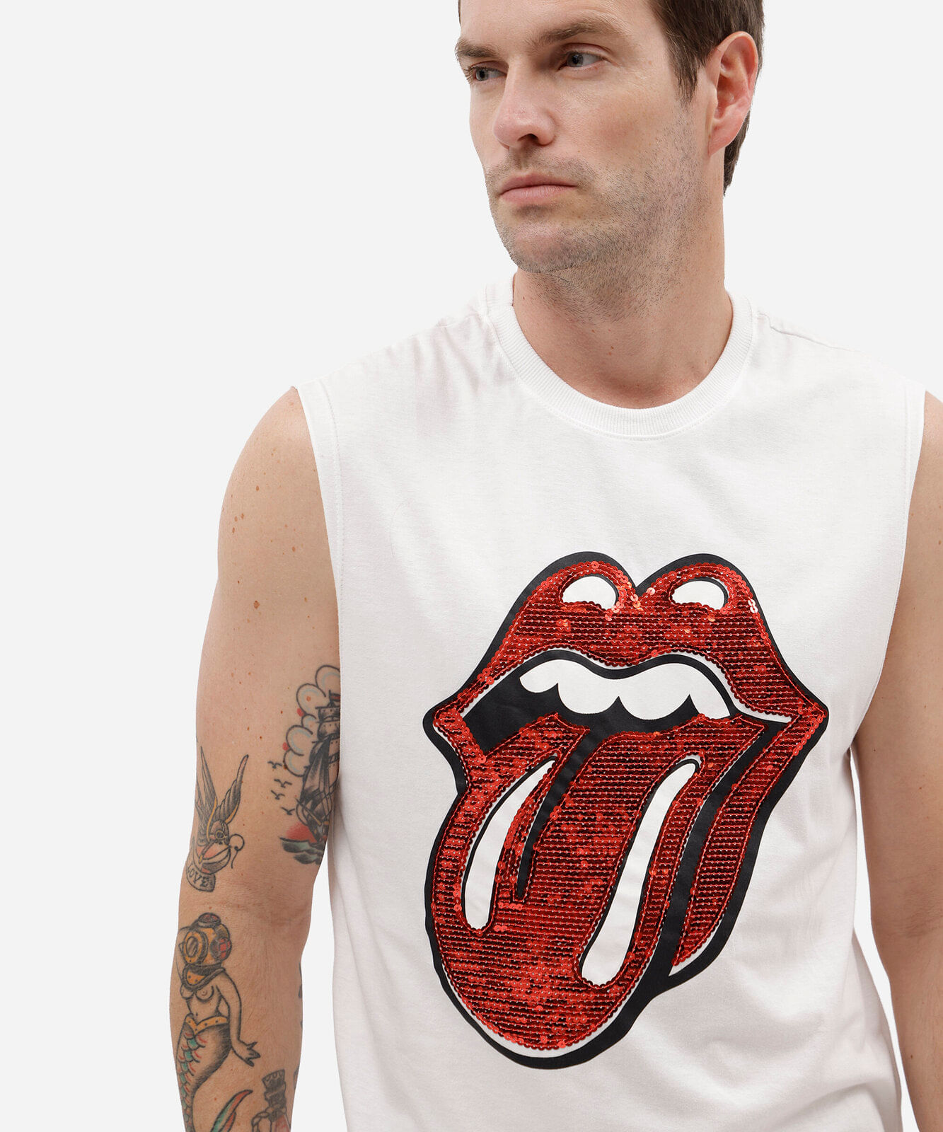 regata masculina de algodão the rolling stones com paetê off white