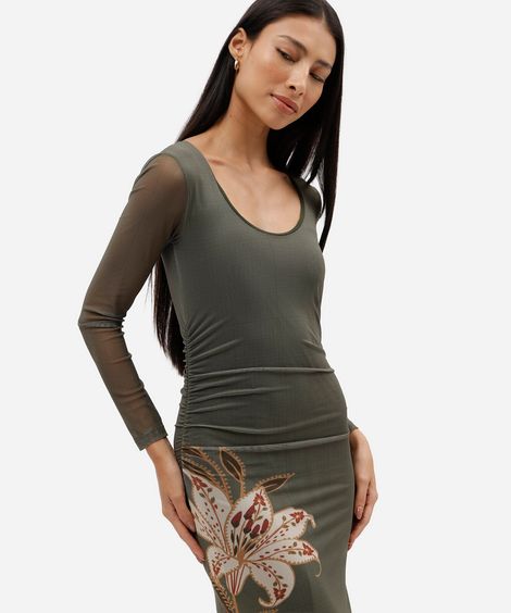 vestido longo feminino de tule manga longa franzido floral verde