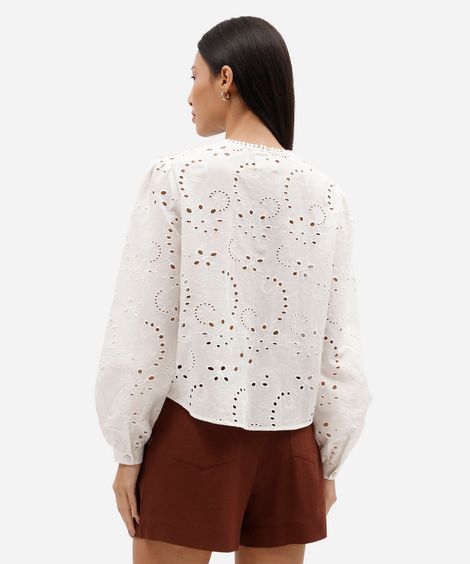 camisa feminina de laise manga longa com babado off white