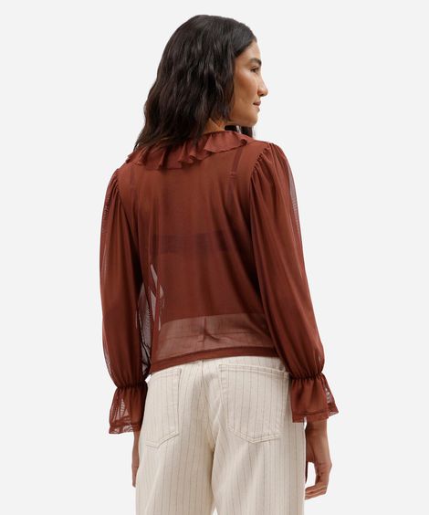 bata feminina de tule com babados manga longa marrom