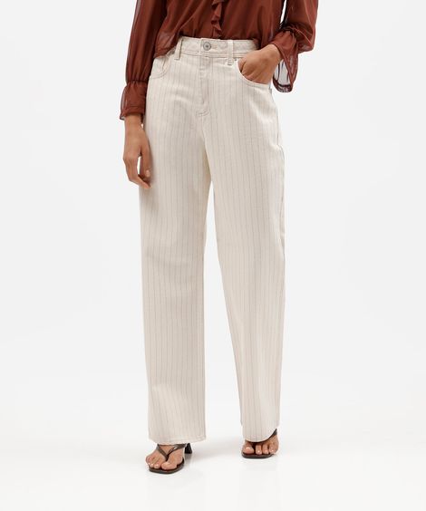 calça wide leg slim feminina de sarja cintura alta listrada bege