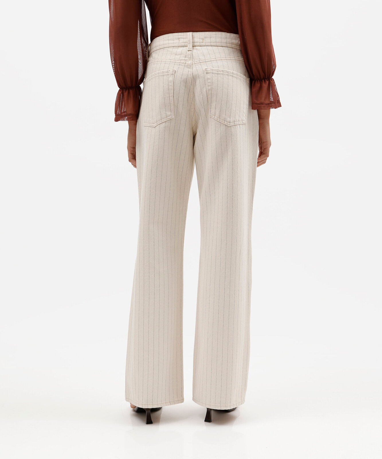 calça wide leg slim feminina de sarja cintura alta listrada bege