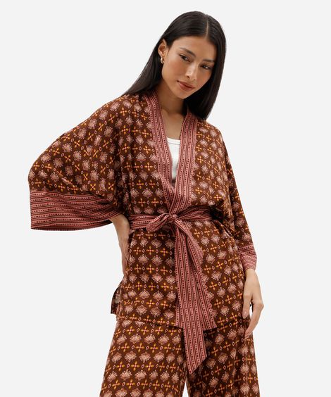 kimono feminino de viscose étnica com amarração marrom