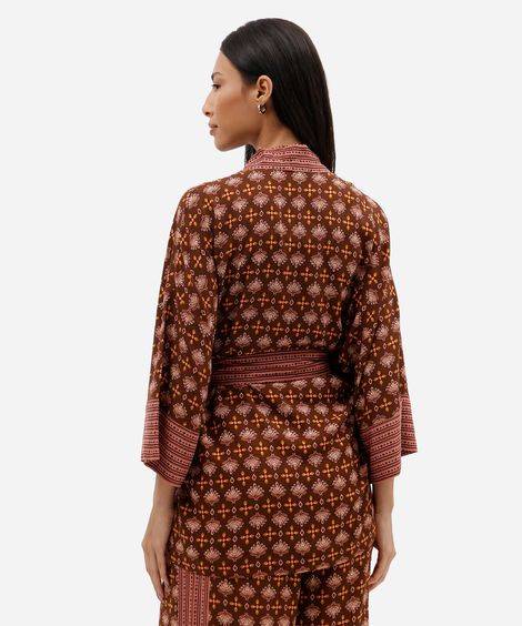 kimono feminino de viscose étnica com amarração marrom