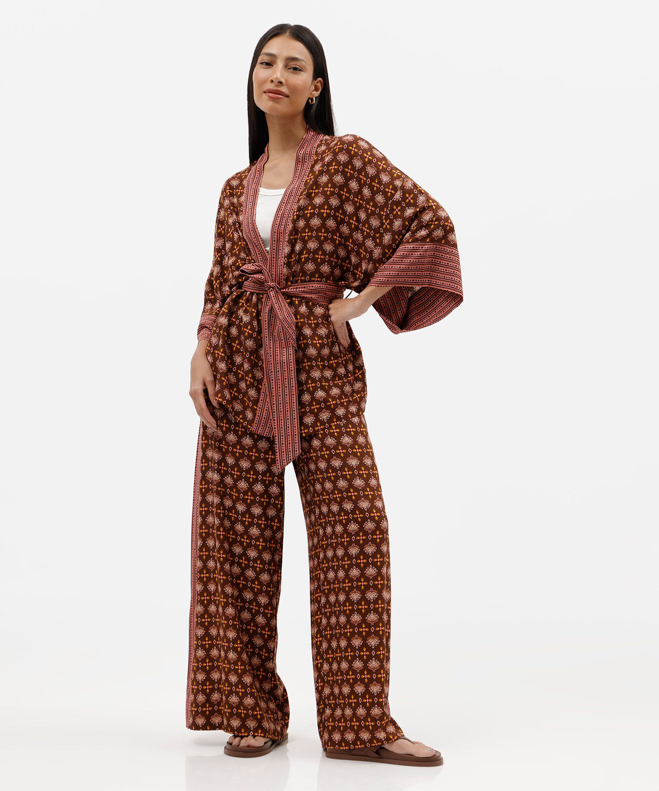 kimono feminino de viscose étnica com amarração marrom