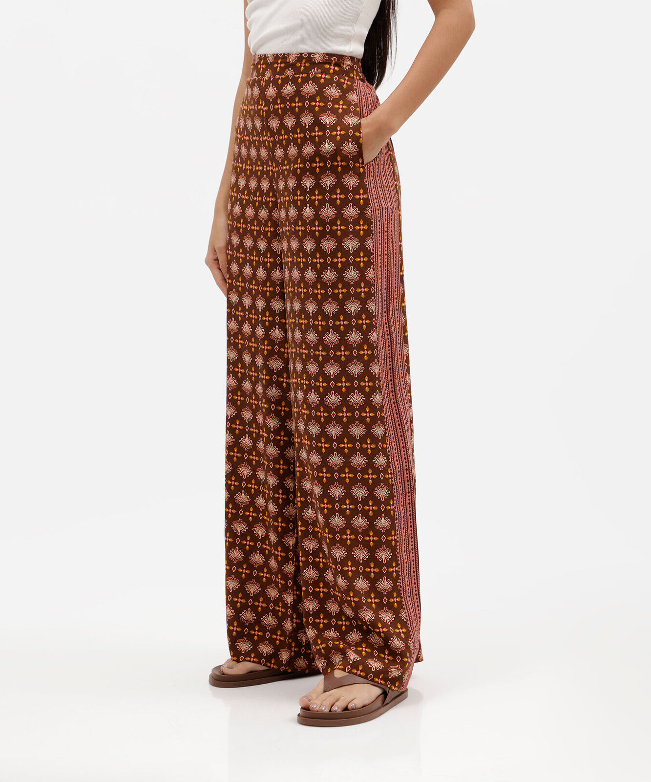 calça wide leg feminina de viscose étnica marrom
