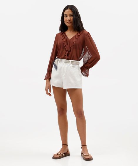 short feminino de sarja cintura média com lenço off white