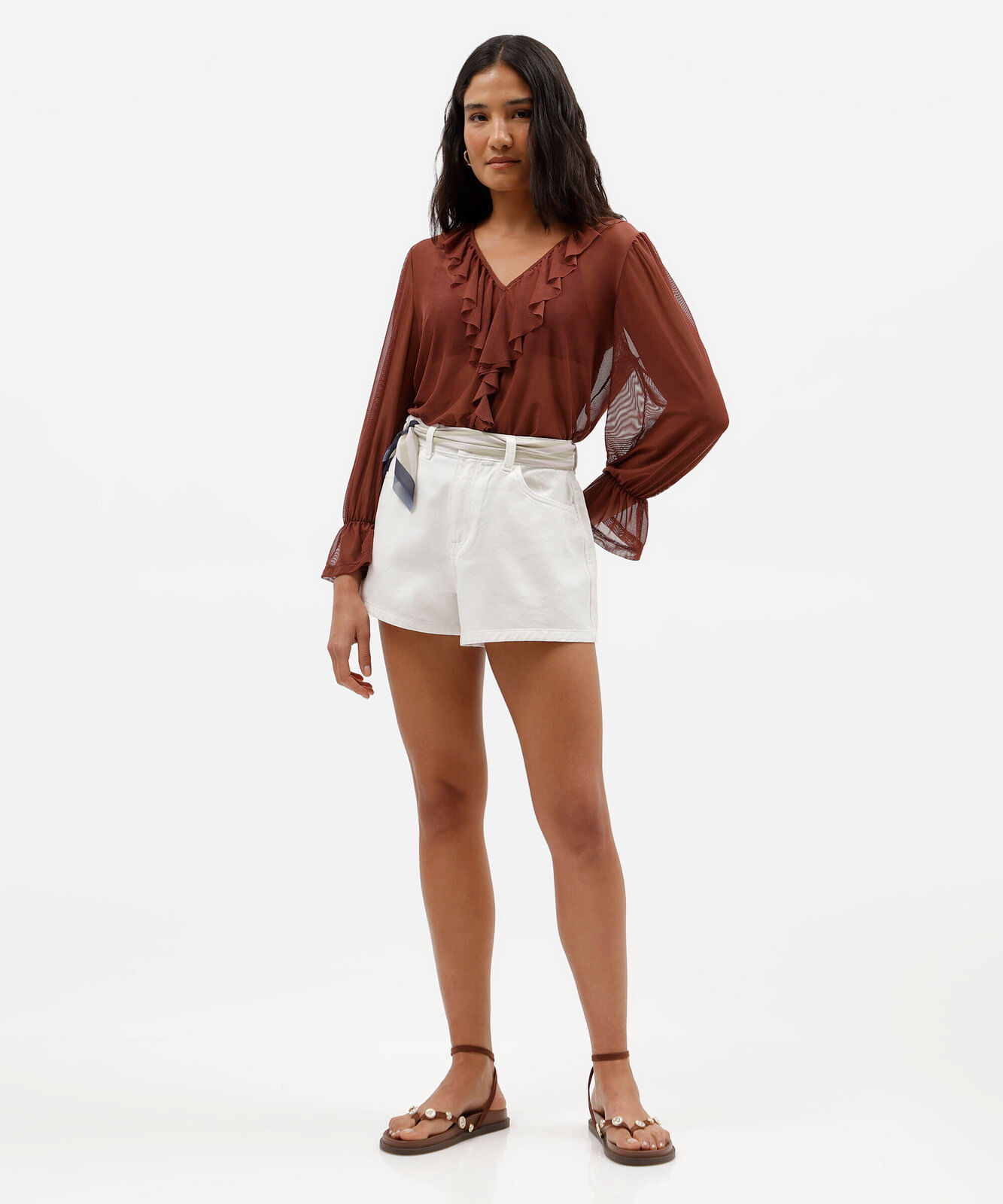 short feminino de sarja cintura média com lenço off white