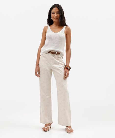 calça wide leg slim feminina de sarja floral bege