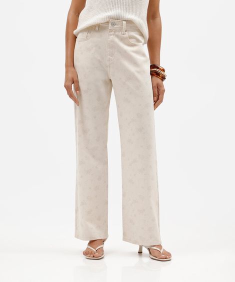 calça wide leg slim feminina de sarja floral bege