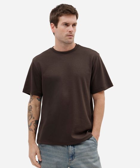 camiseta masculina comfort de malha interlock lisa marrom
