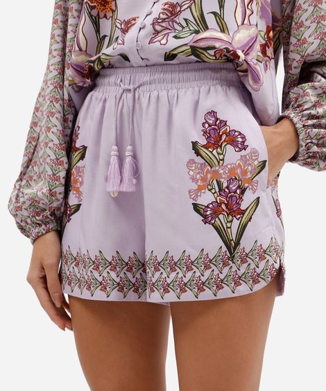 short feminino de viscose cós elástico floral lilás