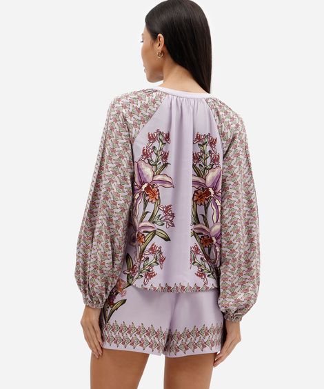 camisa feminina de viscose decote v manga bufante floral lilás