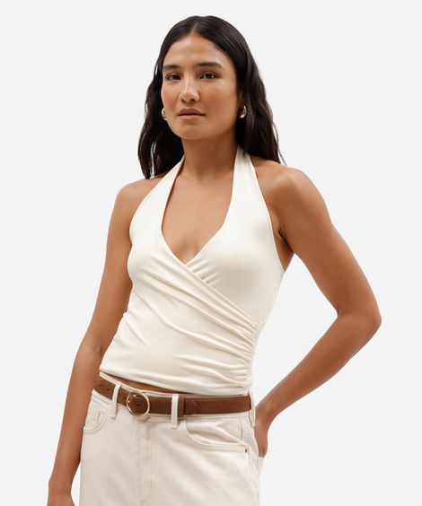 blusa frente única feminina decote v bege