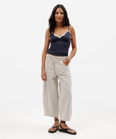 calça balloon cropped feminina de sarja com cordão cintura média listrada bege