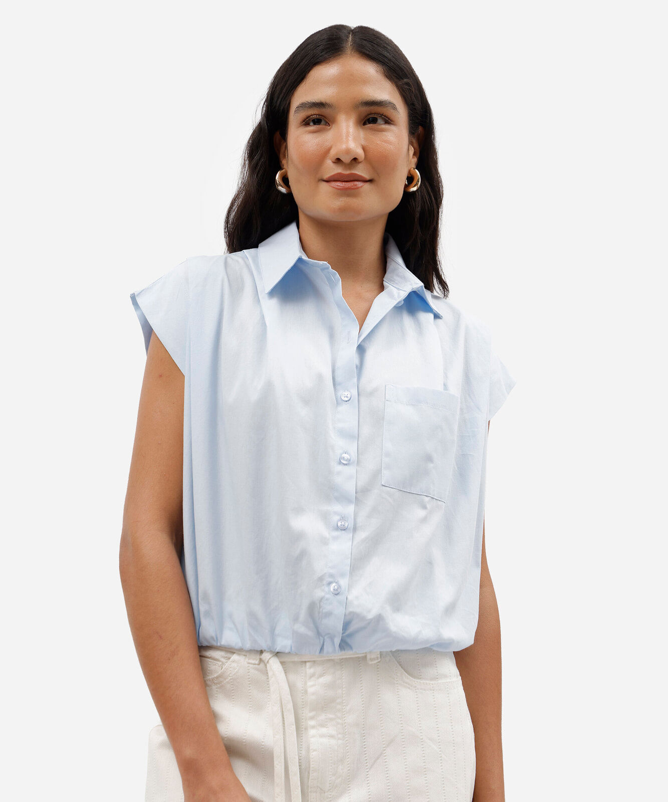 camisa balonê feminina de algodão sem manga azul