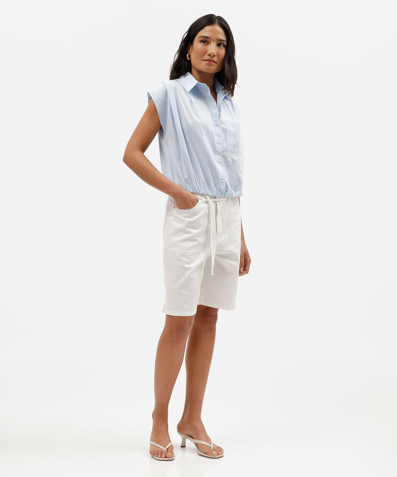 camisa balonê feminina de algodão sem manga azul