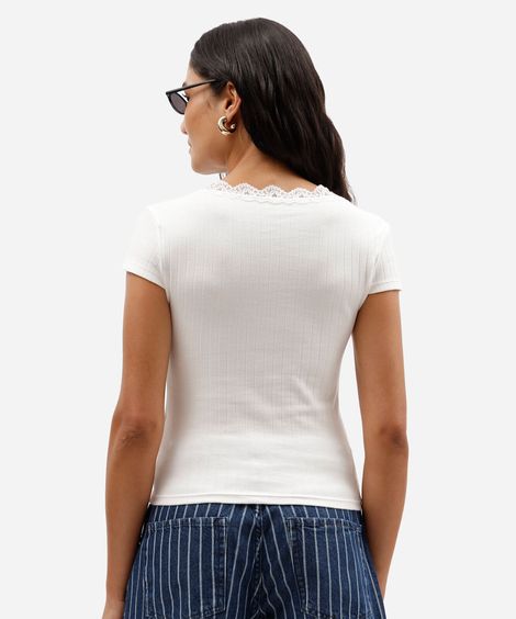 blusa baby look feminina de algodão com renda manga curta off white