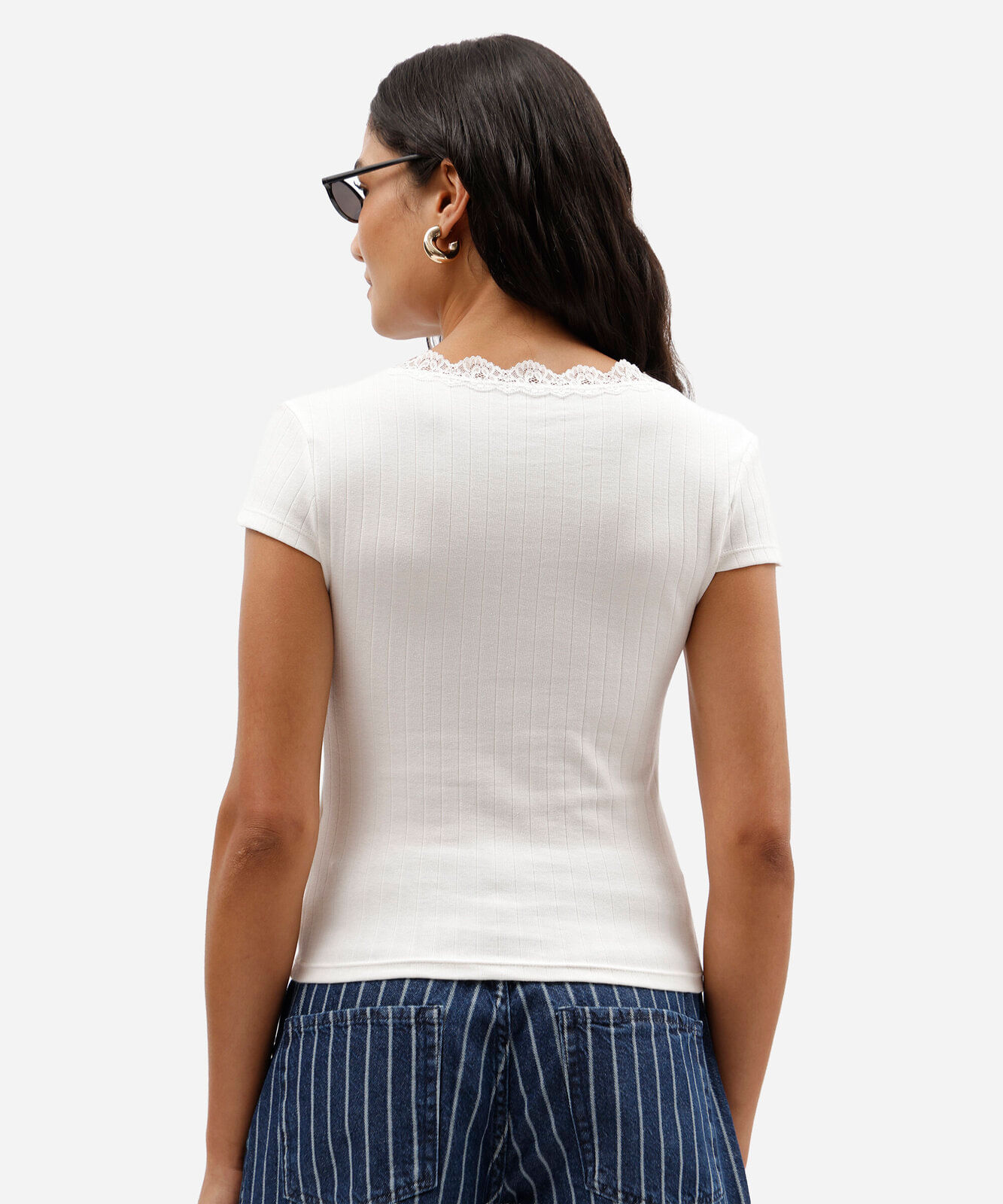 blusa baby look feminina de algodão com renda manga curta off white