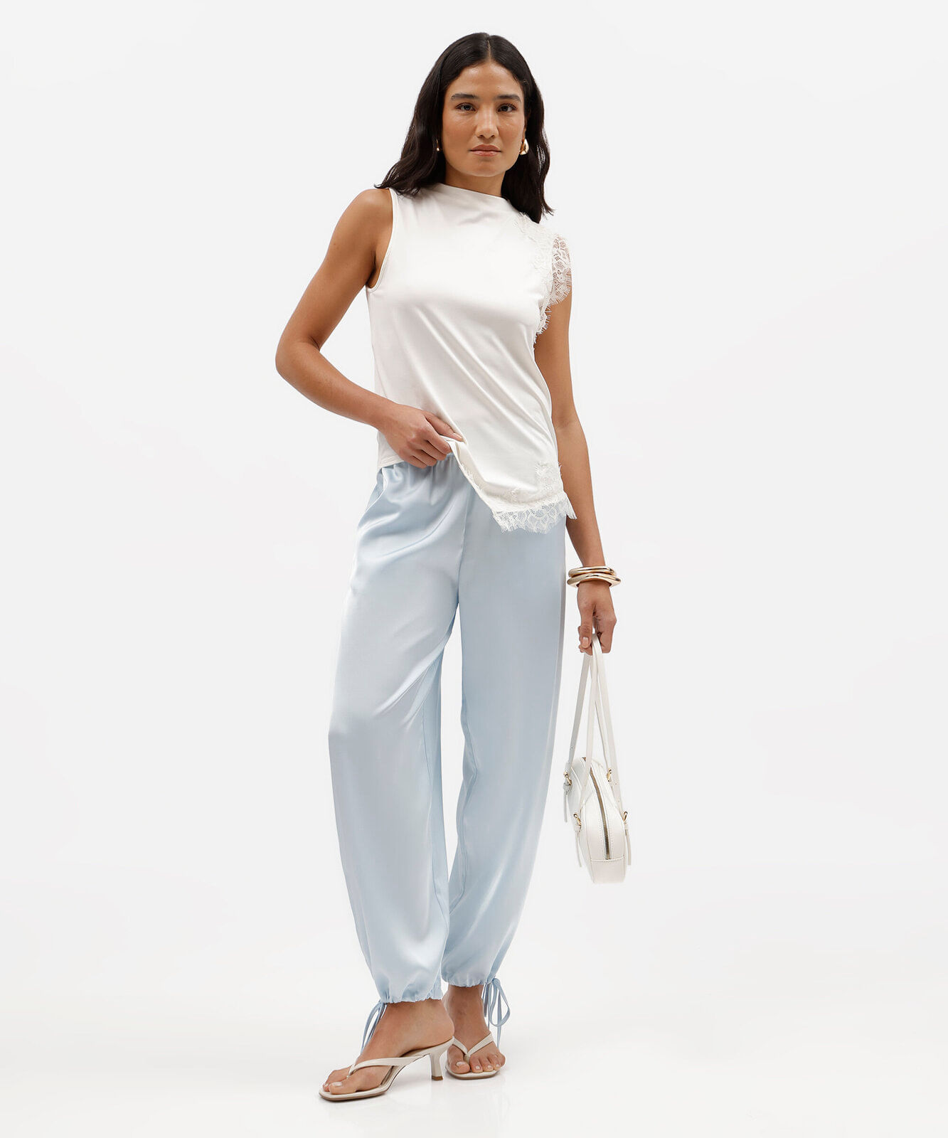 calça aladim feminina com amarração acetinada azul