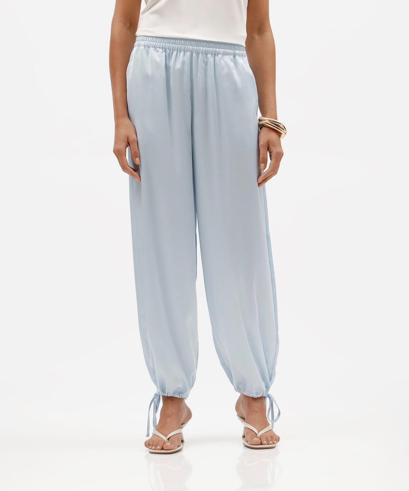 calça aladim feminina com amarração acetinada azul