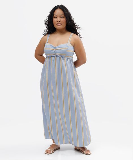 vestido longo alça fina feminino de algodão listrado plus size azul