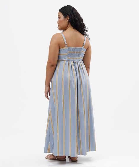 vestido longo alça fina feminino de algodão listrado plus size azul