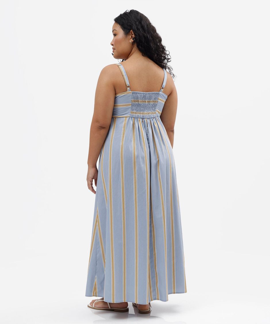 vestido longo alça fina feminino de algodão listrado plus size azul
