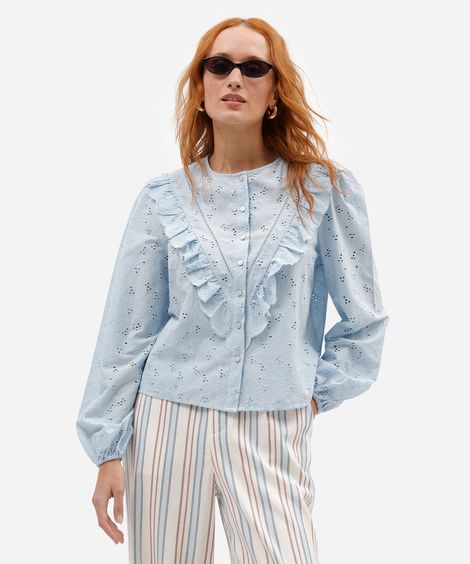 camisa feminina de laise manga longa com babado azul
