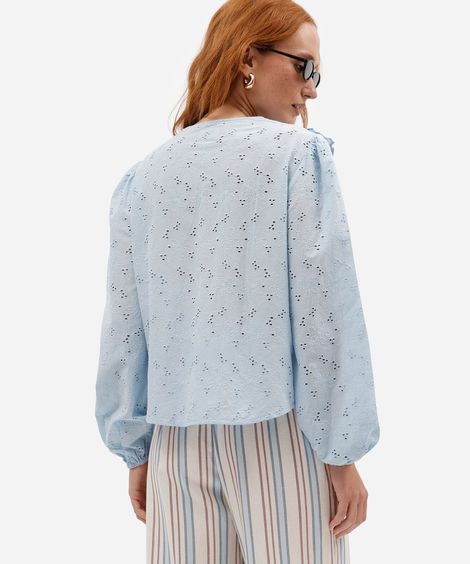 camisa feminina de laise manga longa com babado azul