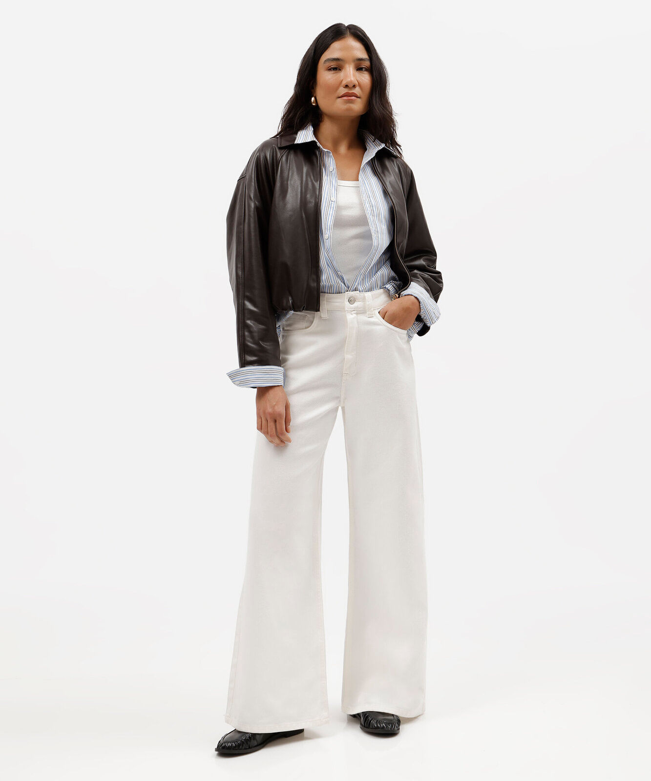 calça wide leg feminina de sarja cintura alta off white