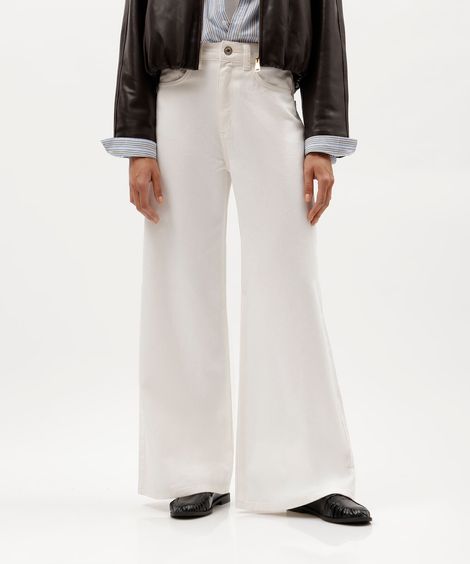 calça wide leg feminina de sarja cintura alta off white