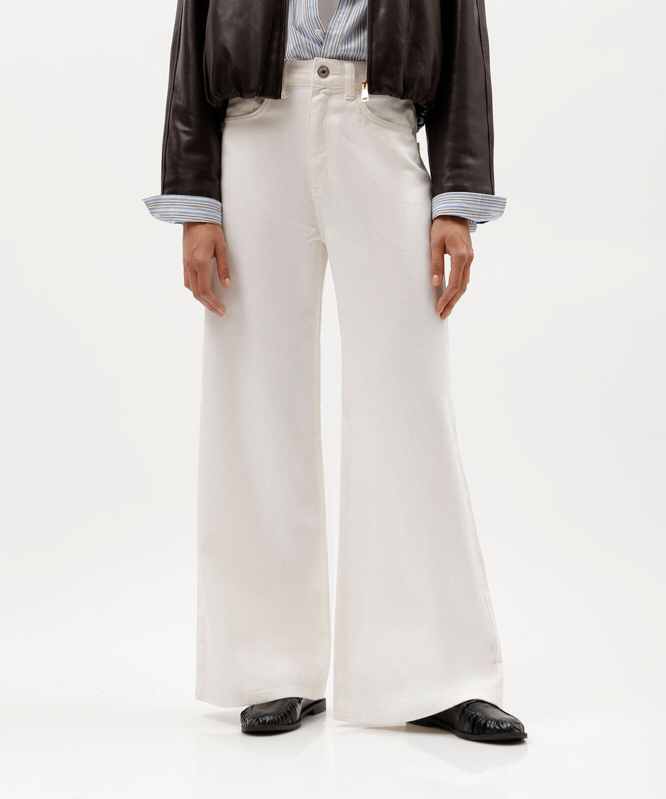 calça wide leg feminina de sarja cintura alta off white