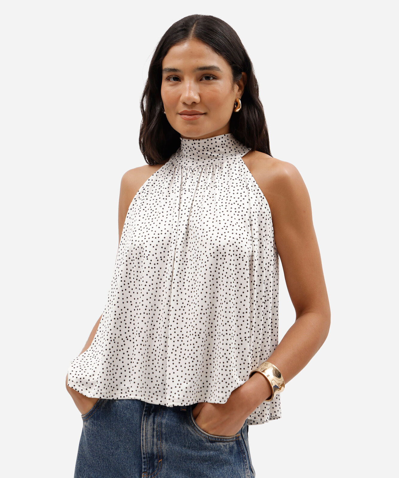 blusa feminina gola alta poá off white