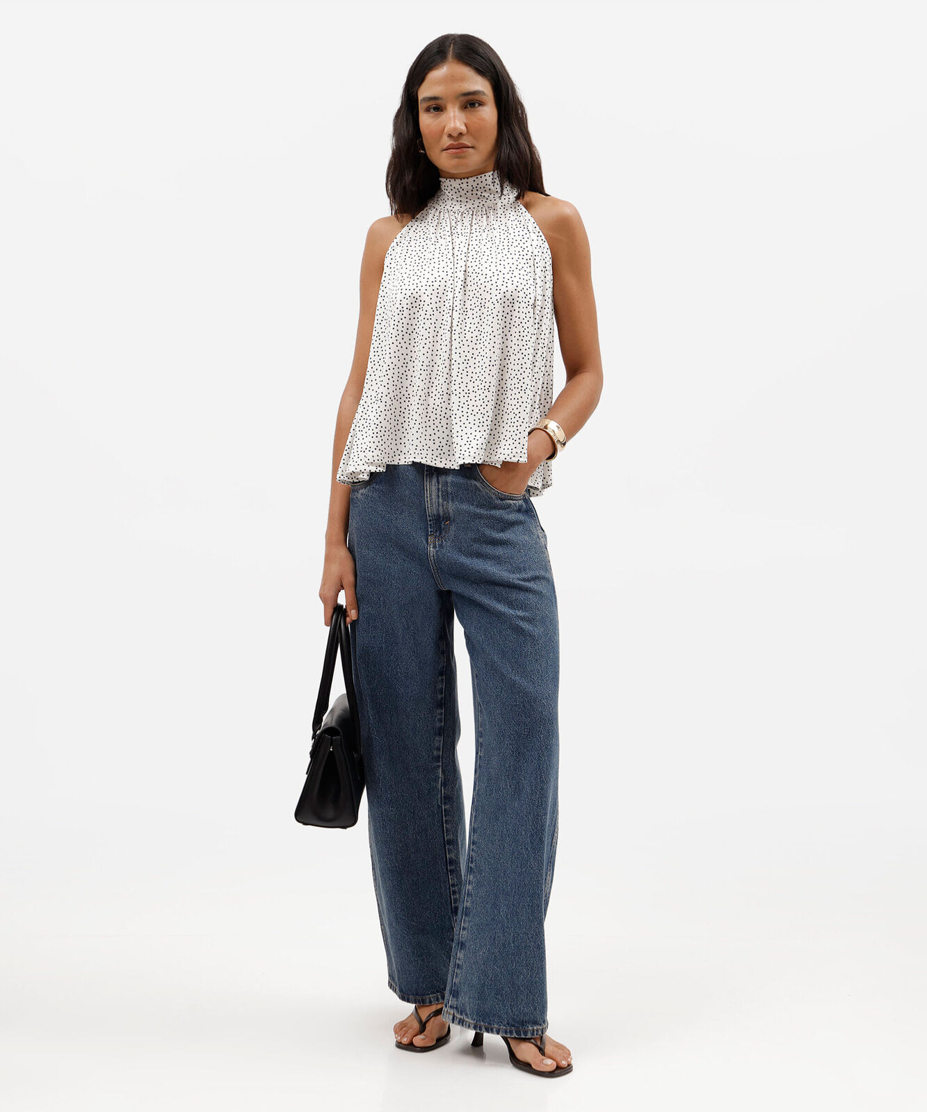 blusa feminina gola alta poá off white