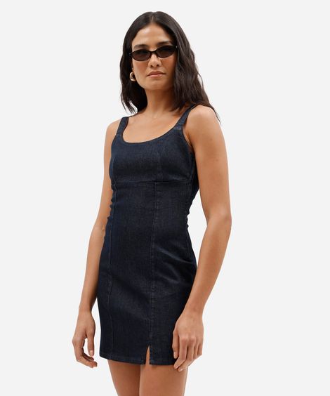 vestido curto feminino jeans com recortes e fenda azul