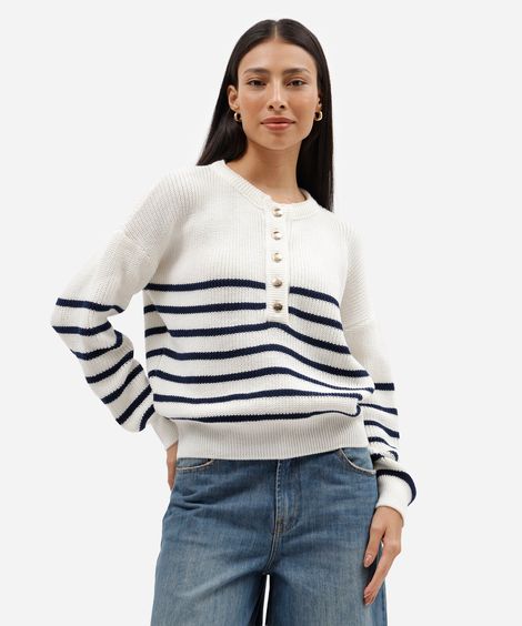suéter feminino de tricot com botão listrado azul