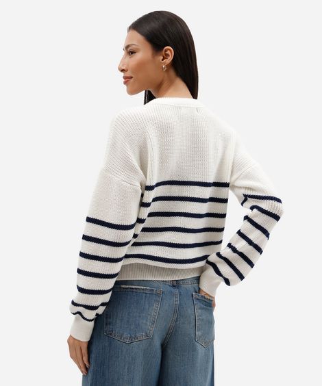 suéter feminino de tricot com botão listrado azul