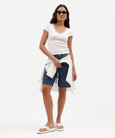 bermuda feminina jeans com cordão cintura média listrada azul