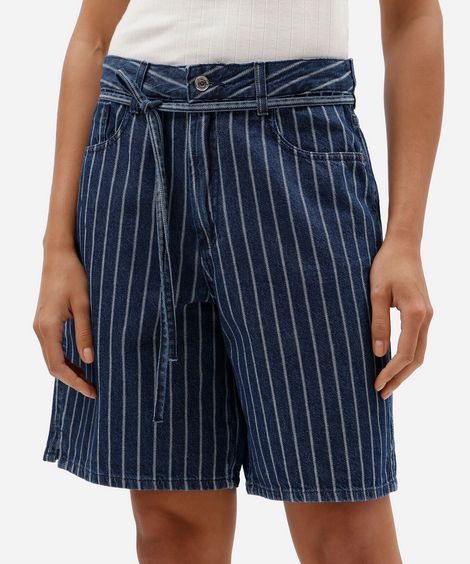 bermuda feminina jeans com cordão cintura média listrada azul