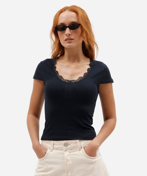 blusa baby look feminina de algodão com renda manga curta azul