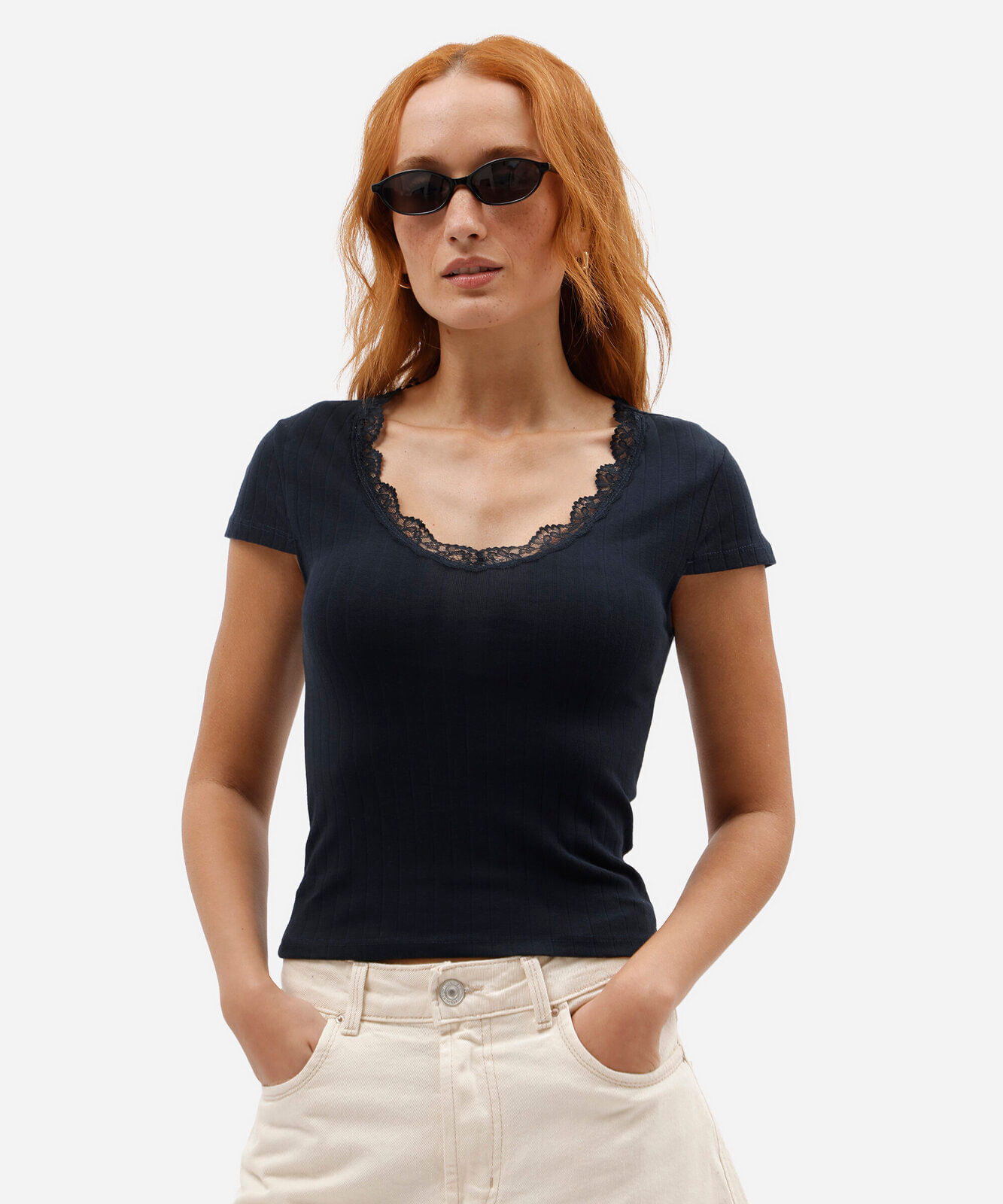 blusa baby look feminina de algodão com renda manga curta azul