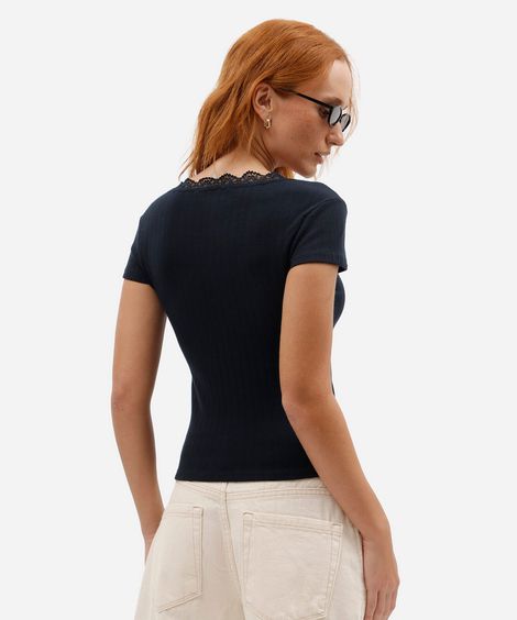 blusa baby look feminina de algodão com renda manga curta azul